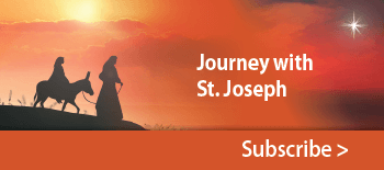 Journey with St. Joseph - text next to image of Joseph leading Mary to Bethlehem