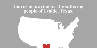 Prayer for Uvalde Texas - heart over Texas in map of United States