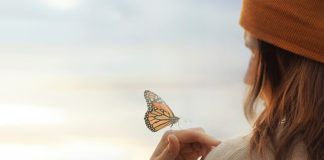 butterfly on woman's hand - Cristina Conti/Shutterstock.com