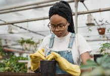 young woman in greenhouse putting soil in pot - photo by Tima Miroshnichenko on Pexels