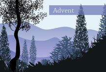 Advent - word over illustration of purple mountains and trees - image by Sasimaporn Moonthep from Pixabay