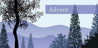 Advent - word over illustration of purple mountains and trees - image by Sasimaporn Moonthep from Pixabay