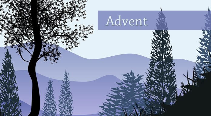 Advent - word over illustration of purple mountains and trees - image by Sasimaporn Moonthep from Pixabay