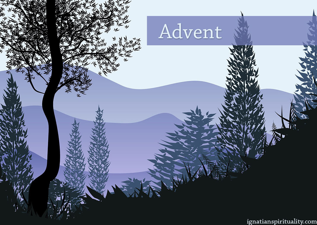 Advent - word over illustration of purple mountains and trees - image by Sasimaporn Moonthep from Pixabay