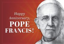 Happy anniversary, Pope Francis! - text next to drawing of Pope Francis