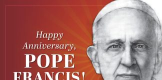 Happy anniversary, Pope Francis! - text next to drawing of Pope Francis