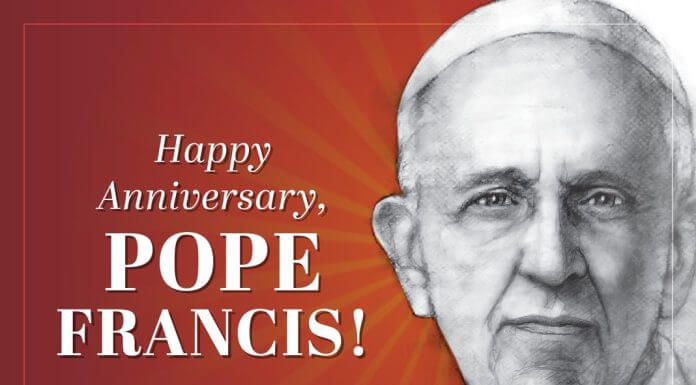Happy anniversary, Pope Francis! - text next to drawing of Pope Francis
