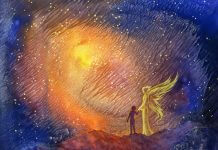 fantasy orange and blue sky with angel guide next to silhouetted child - Barashkova Natalia/Shutterstock.com