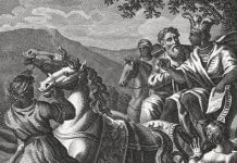 Philip and the Ethiopian Eunuch (Acts 8). Copper engraving by Carl Schuler, published c. 1850. ZU_09/iStock/Getty Images.