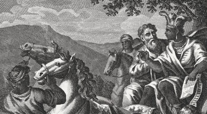 Philip and the Ethiopian Eunuch (Acts 8). Copper engraving by Carl Schuler, published c. 1850. ZU_09/iStock/Getty Images.