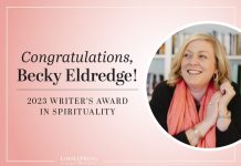 Congratulations, Becky Eldredge, on winning the 2023 Writer's Award in Spirituality! - text next to image of Becky