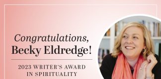 Congratulations, Becky Eldredge, on winning the 2023 Writer's Award in Spirituality! - text next to image of Becky