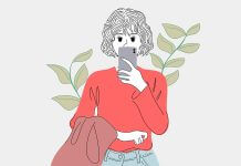 illustration of woman in red shirt taking a selfie, with a plant behind her - image by Piyapong Saydaung from Pixabay