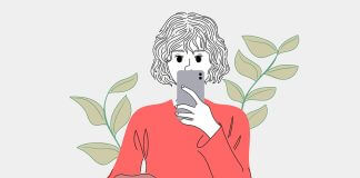 illustration of woman in red shirt taking a selfie, with a plant behind her - image by Piyapong Saydaung from Pixabay