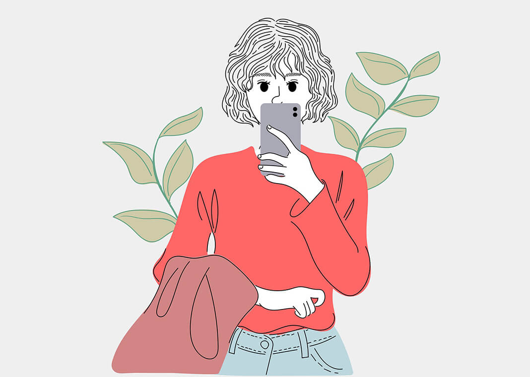 illustration of woman in red shirt taking a selfie, with a plant behind her - image by Piyapong Saydaung from Pixabay