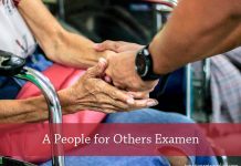 A People for Others Examen - text over photo of woman in chair holding hands with standing man - photo by Jem Sahagun on Unsplash