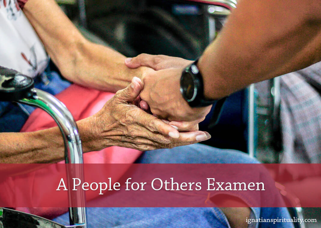 A People for Others Examen - text over photo of woman in chair holding hands with standing man - photo by Jem Sahagun on Unsplash