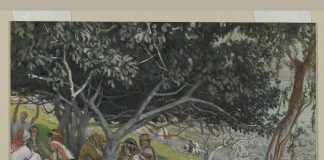 James Tissot (Nantes, France, 1836–1902, Chenecey-Buillon, France). Nathaniel Under the Fig Tree (Nathanaël sous le figuier), 1886-1894. Opaque watercolor over graphite on gray wove paper, Image: 6 5/16 x 10 7/16 in. (16 x 26.5 cm). Brooklyn Museum, Purchased by public subscription, 00.159.59 (Photo: Brooklyn Museum, 00.159.59_PS2.jpg)