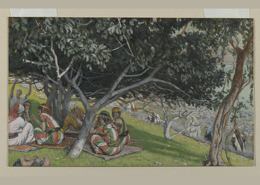 James Tissot (Nantes, France, 1836–1902, Chenecey-Buillon, France). Nathaniel Under the Fig Tree (Nathanaël sous le figuier), 1886-1894. Opaque watercolor over graphite on gray wove paper, Image: 6 5/16 x 10 7/16 in. (16 x 26.5 cm). Brooklyn Museum, Purchased by public subscription, 00.159.59 (Photo: Brooklyn Museum, 00.159.59_PS2.jpg)