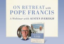 On Retreat with Pope Francis: A Webinar with Austen Ivereigh - author pictured next to copy of book "First Belong to God: On Retreat with Pope Francis"