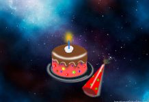 celebration cake and party hat against starry space - space image (c) Jacom Stephens / avid_creative/E+/Getty Images - cake and party hat image by suethomas from Pixabay