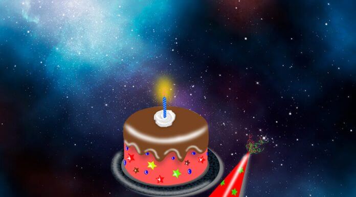 celebration cake and party hat against starry space - space image (c) Jacom Stephens / avid_creative/E+/Getty Images - cake and party hat image by suethomas from Pixabay