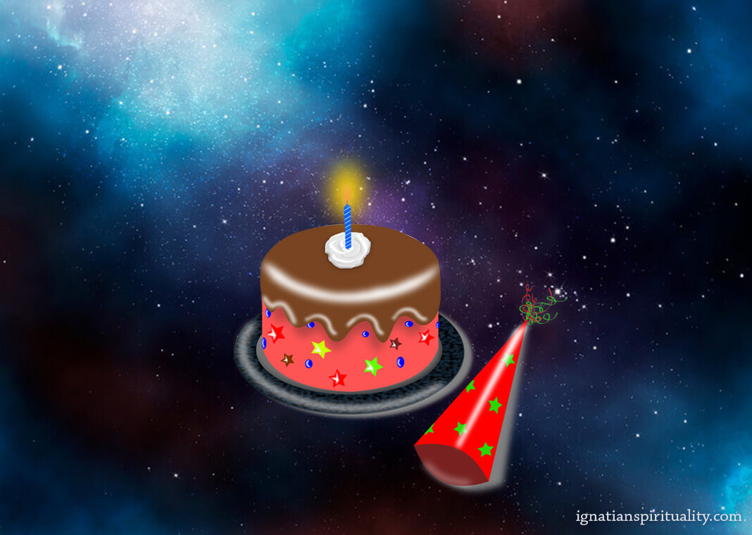 celebration cake and party hat against starry space - space image (c) Jacom Stephens / avid_creative/E+/Getty Images - cake and party hat image by suethomas from Pixabay