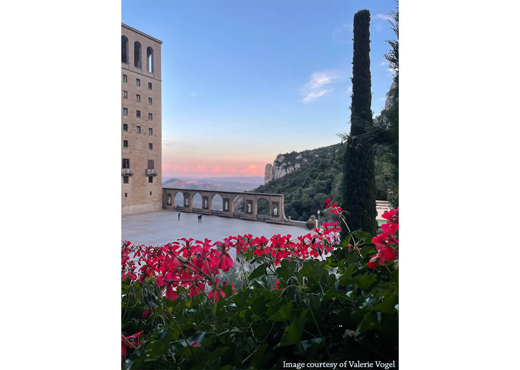 Montserrat view with flowers - image courtesy of Valerie Vogel