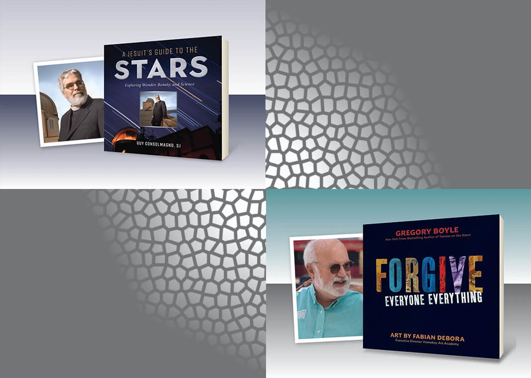 Br. Guy Consolmagno, SJ, headshot next to his book "A Jesuit's Guide to the Stars" and Fr. Greg Boyle, SJ, headshot next to his book "Forgive Everyone Everything"