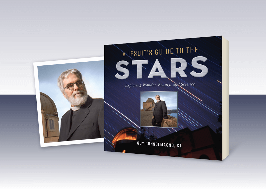 "A Jesuit's Guide to the Stars: Exploring Wonder, Beauty, and Science" by Guy J. Consolmagno, SJ - book cover next to author photo