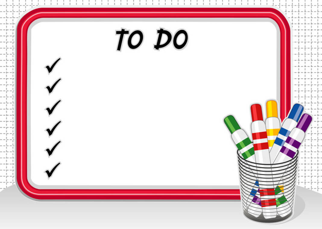 whiteboard for to-do list with markers nearby - casejustin/Shutterstock.com