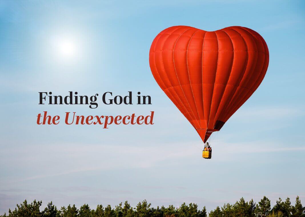 Finding God in the Unexpected - text next to heart-shaped hot air balloon
