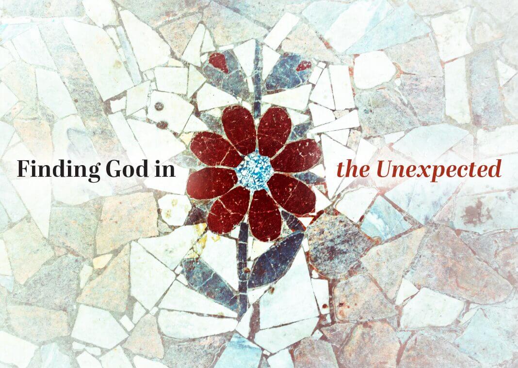 Finding God in the Unexpected - text around mosaic red flower